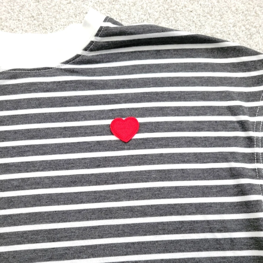 ✨SHEIN EZwear Striped Print Heart Patched Batwing Sleeve Tee✨ - Picture 2 of 6